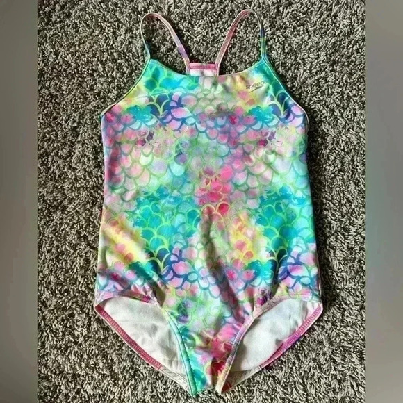 Girls Speedo Mermaid Blue, Green, Pink & Purple One Piece Swimsuit - Size L - Picture 1 of 5